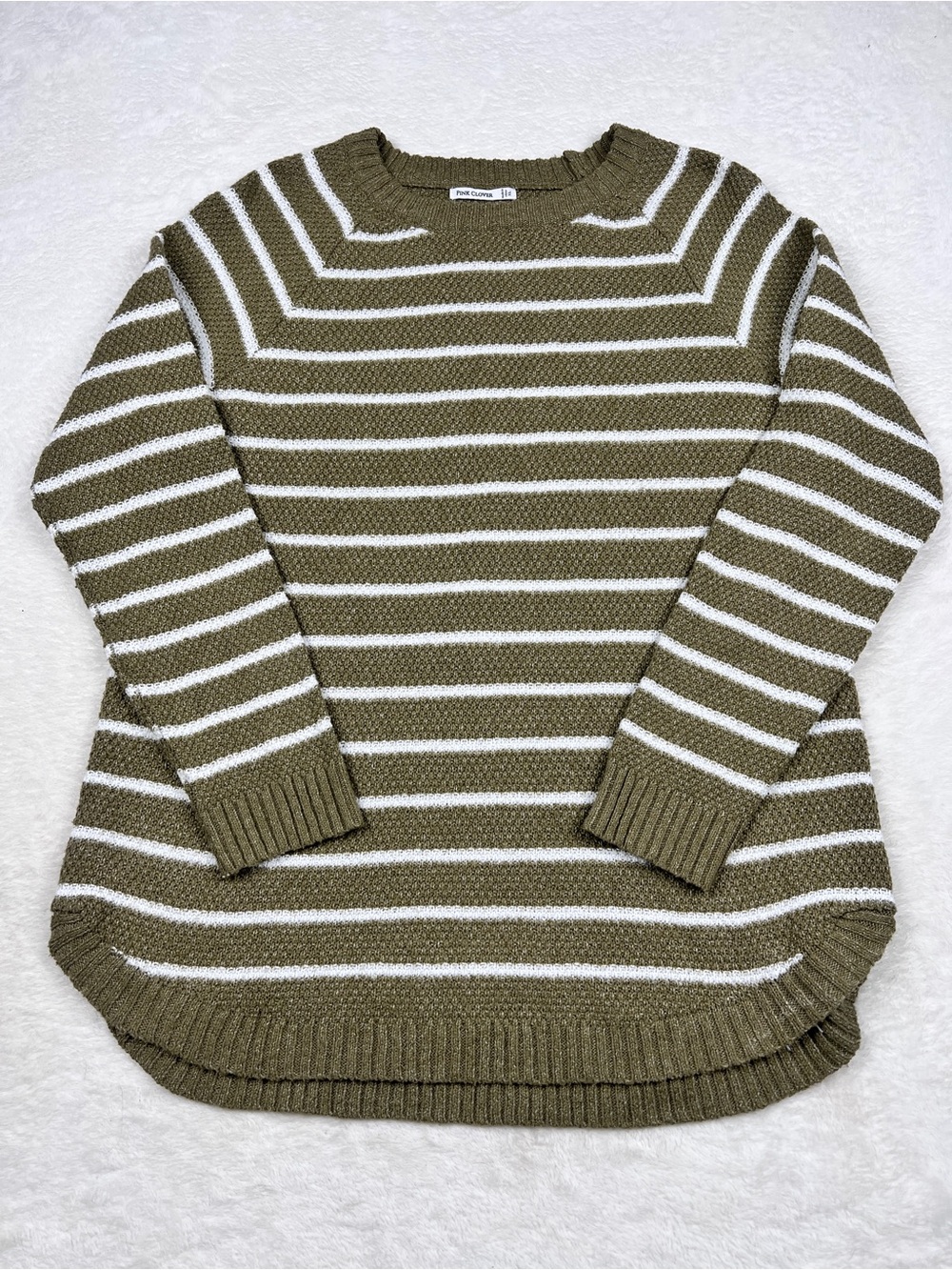 Pink Clover Women’s XL Olive Green White Striped Knit Sweater High Low Hem